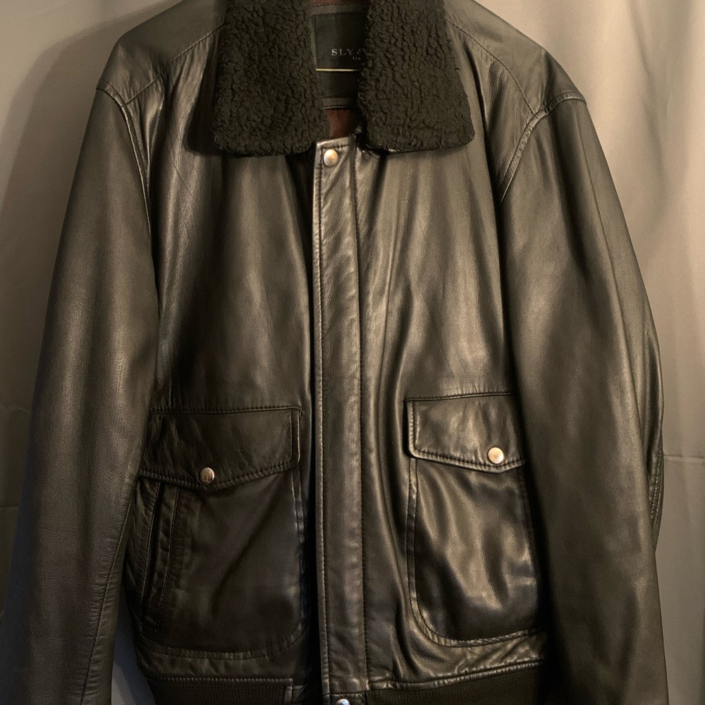 Sleek Black Leather Bomber Jacket
